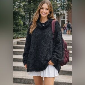 NWT Free People Harrison Bunny Crew Black  Oversized Tunic Sweater Size Small